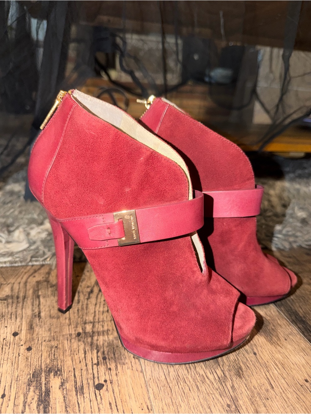 Michael Kors Red Suede Peep Toe Bootie Stiletto Zip Heels Buckle Strap